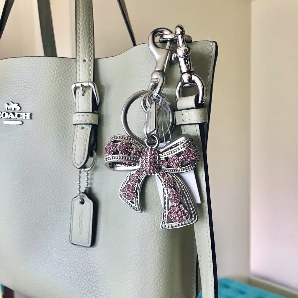 Coach Bow Crystal Bag Charm, Silver / Purple, NWT